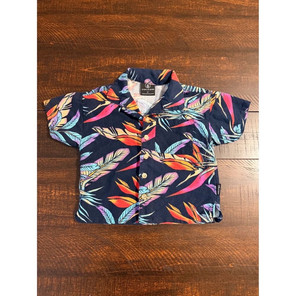 Volcom Tropical Bird‎ of Paradise Button Down Shirt Navy 2T Boys Summer Beach